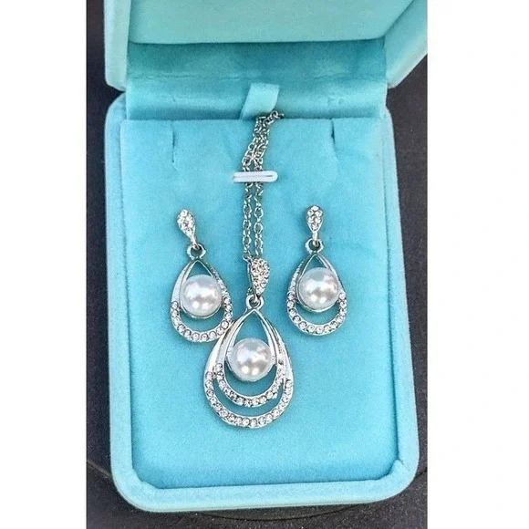 Pearl Necklace Teardrop Zirconia Rhinestone Drop Earrings Necklace Jewelry Sets - Picture 5 of 14